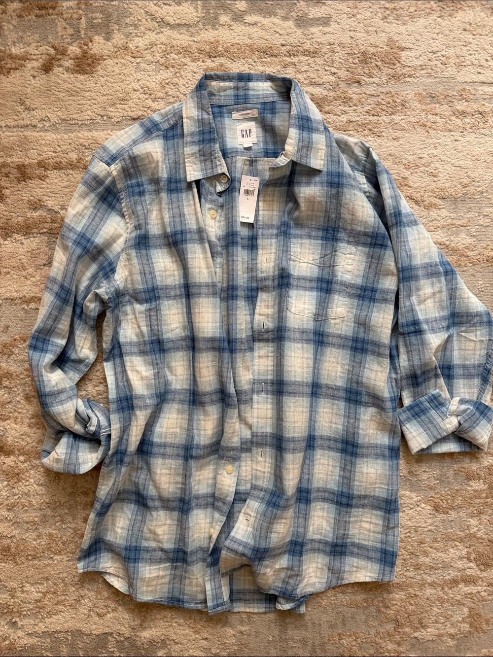GAP Light Blue & Cream Plaid Button-Down Linen/Cotton Shirt - Size Large